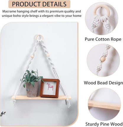 Artilady Macrame Wall Hanging Shelf - Boho Wood Wall Shelves with Wood Beads, Farmhouse Floating Shelf Rustic Hanging Plant Shelf for Bedroom Living Room Preppy Room Nursery Decor