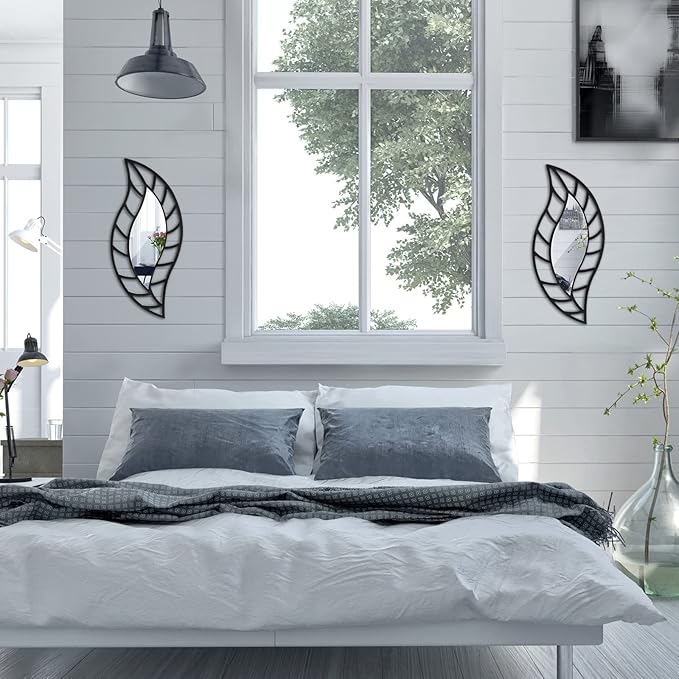 Roowest 2 Pcs Decorative Mirror Wall Decor Leaf Teardrop Mirror Wall Mounted Decorations for Living Room Bedroom Bathroom Vanity Entryway Office(Black)