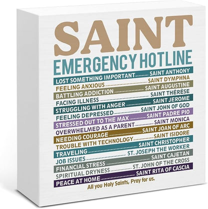 Christian Gifts for Women Men, Catholic Decor, Saint Emergency Wood Block Sign for Home Office Desk Decoration 5 x 5 Inches