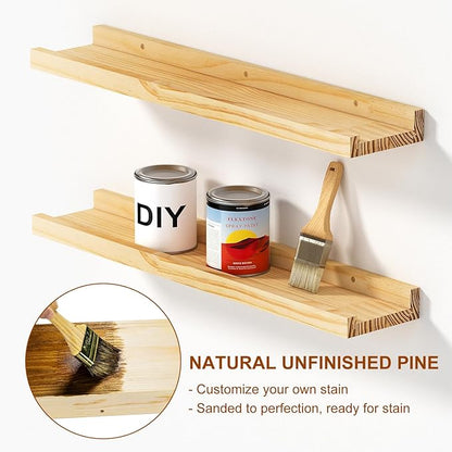 Picture Ledge Shelf, 16 inch Solid Pine Wood Floating Shelves, Floating Book Shelves for Living Room Bedroom Kitchen Decor, Natural Unfinished, No Stain, DIY, Set of 4 (Maple Wood, 4Pack 16inch)