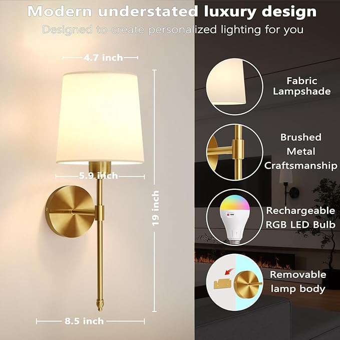 Ouyulong Battery Operated Wall Sconces Set of 2, Wireless Rechargeable Dimmable Wall Light with 5600mAh RGB Bulb and Remote for Bedroom, Living Room, Hallway 19in Gold