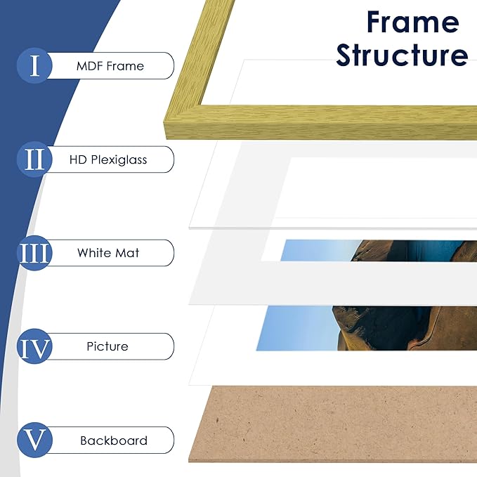 PEALSN 12x16 Picture Frame Set of 6, Display Pictures 8.5x11 with Mat or 12 x 16 without Mat for Wall Mounting Display, Photo Frames Collage for Wall Decor, Gold
