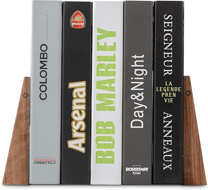 TILISMA Walnut Bookends for Shelves | Wooden Book Ends for Shelves | Sturdy Book Holders, Stoppers with Metal Base for Bookshelves | Slick Decorative Bookends Stands Firmly on Bookshelf (4 Pairs)