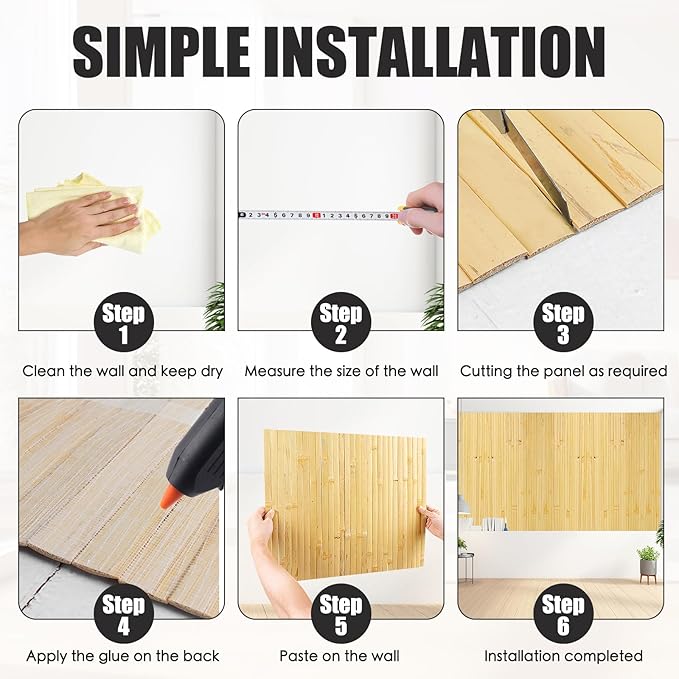 FONUNO Bamboo Wall Panel for Interior Decoration Bamboo Pole Wrap Roll Natural Wainscoting Paneling Decorative Wall Slat Covering for Living Room, Bedroom, Office (48 Inch x 96 Inch, Natural)
