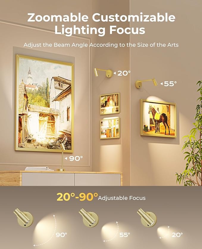 Zoomable Picture Light for Wall, Battery Operated Art Light for Paintings CCT Dimmable Spotlight for Wall Art Wall Light with Remote Control for Living Room Gallery Dartboard Bathroom Light Gold
