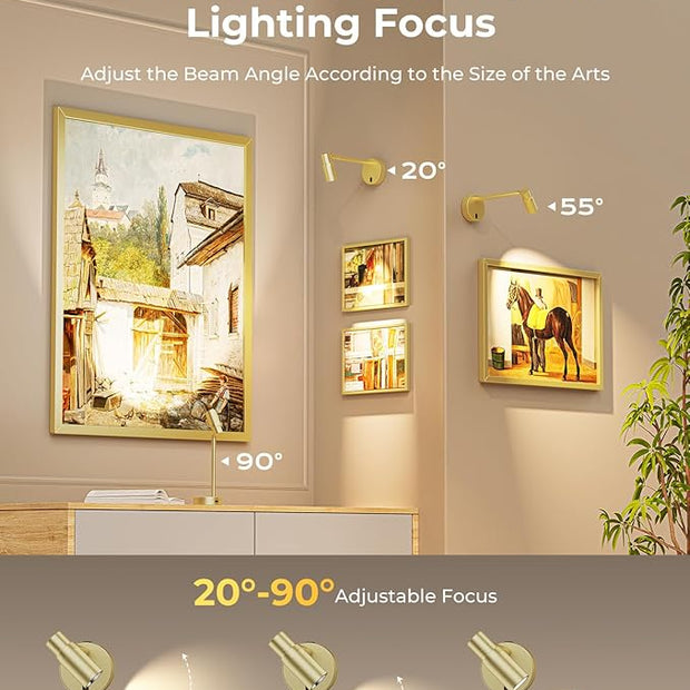Zoomable Picture Light for Wall, Battery Operated Art Light for Paintings CCT Dimmable Spotlight for Wall Art Wall Light with Remote Control for Living Room Gallery Dartboard Bathroom Light Gold