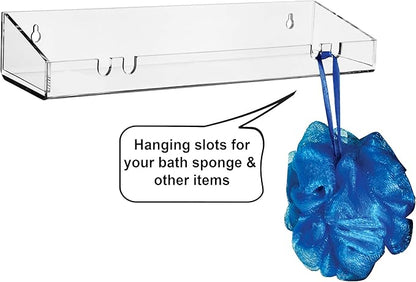 AMT 2 Pack Acrylic Floating Shelves, 15" L x 4" W, Clear Bathroom Wall Shelf, Bookshelves, Invisible Display for Office, Bedroom, Hanging Slots for Bath Sponge & Others Items, Free Screws & Drill Bit