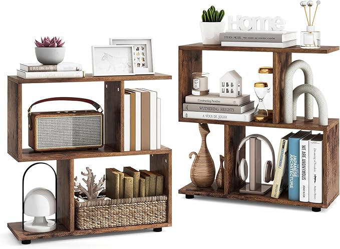 LOKO 3-Tier Geometric Bookshelf Set of 2, S-Shaped Open Bookcase, Freestanding Decorative Storage Shelving, Home Storage Organizer for Living Room, Bedroom, Home Office (2, Rustic Brown)