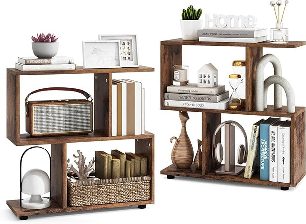 LOKO 3-Tier Geometric Bookshelf Set of 2, S-Shaped Open Bookcase, Freestanding Decorative Storage Shelving, Home Storage Organizer for Living Room, Bedroom, Home Office (2, Rustic Brown)