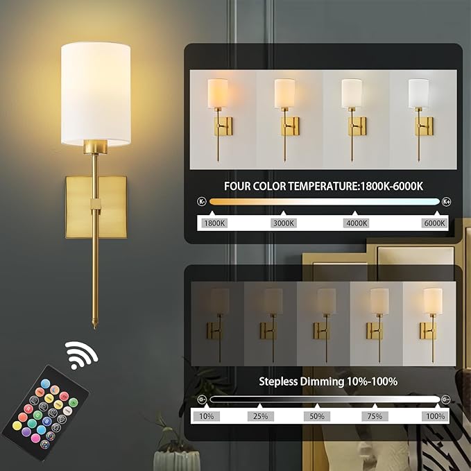 Battery Operated Wall Sconce Set of Two, Wireless Rechargeable Wall Light with Remote Control, Dimmable, 4 Color Temperatures, RGB, Timer, for Living Room,Bedroom,Entryway, Gold, 20.6 Inch