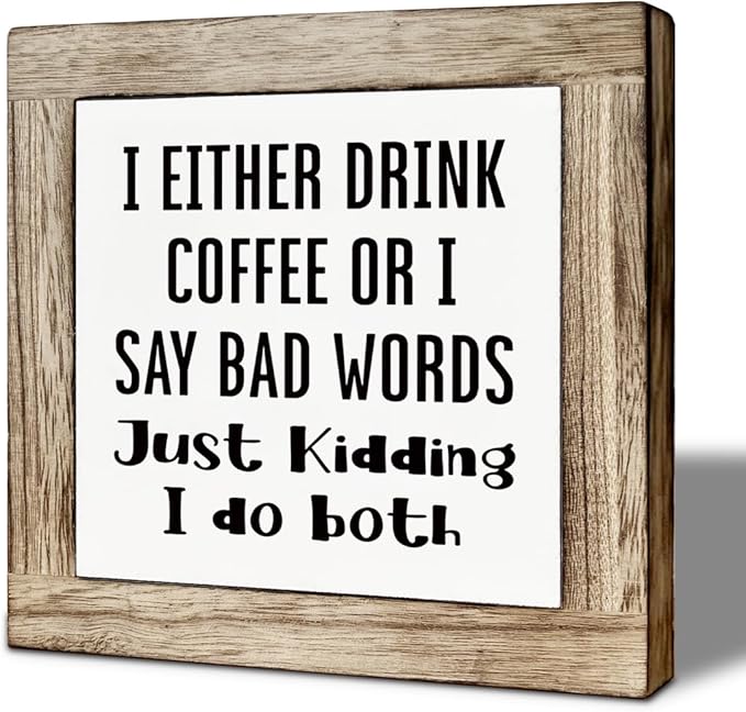Coffee Bar Decor, Coffee Bar Accessories, Funny Home Bars Sign, for Rustic Farmhouse Kitchen Tiered Tray Decoration, Rustic Wooden Table Top Decor, 5.9×5.9 inch