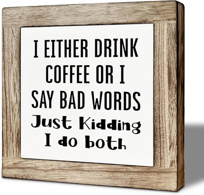 Coffee Bar Decor, Coffee Bar Accessories, Funny Home Bars Sign, for Rustic Farmhouse Kitchen Tiered Tray Decoration, Rustic Wooden Table Top Decor, 5.9×5.9 inch