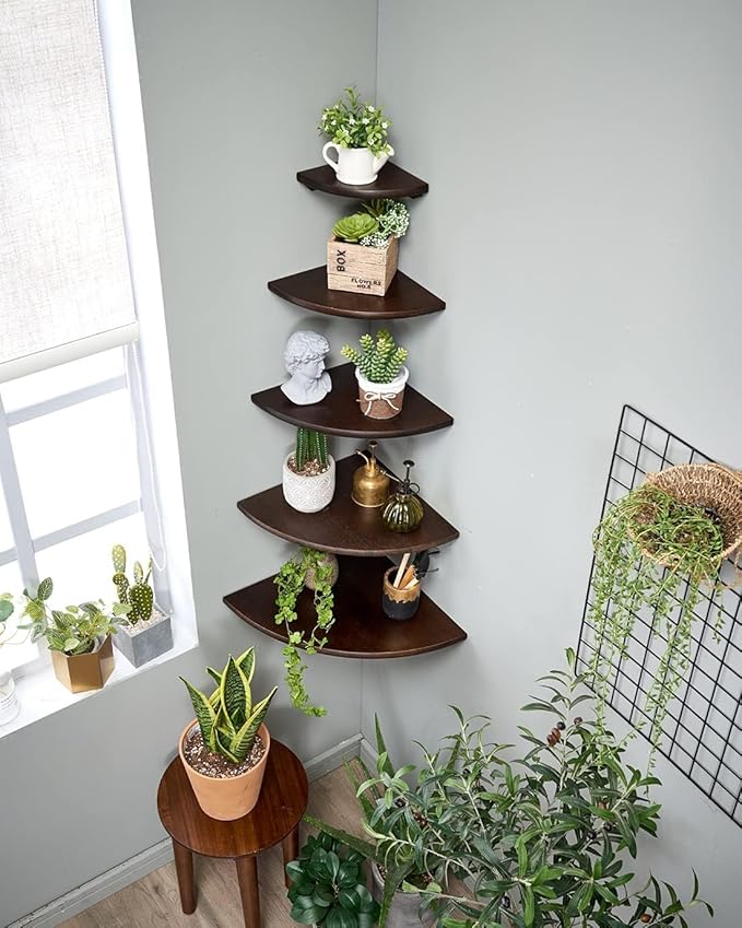 Corner Shelves, Floating Corner Shelf, Set of 2 16inch Solid Oak Wood Corner Wall Shelves, Round End with Wire Hole for Small Plant for Bedroom Kitchen, Living Room