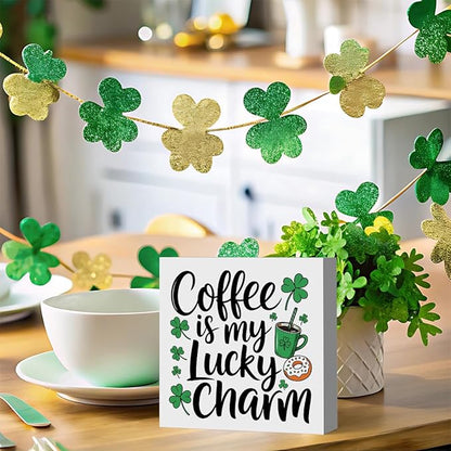 St Patricks Day Decor Coffee Is My Lucky Charm Rustic Coffee Bar Wood Sign Home Tabletop Shelf Desk Decor Patrick's Day Decorations 5 X 5 Inches