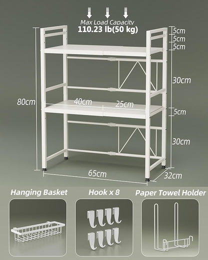 NETEL Expandable Microwave Stand,3 Tier Metal Kitchen Countertop Organizer Shelves with Paper Towel Holder and Baskets,Microwave Shelf,Microwave Oven Rack,110lbs Weight Capacity,White
