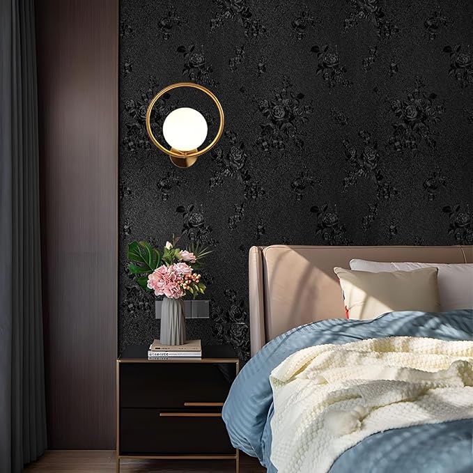 Black Peel and Stick Wallpaper Floral Black Wallpaper 17.7inch x 118.1inch Embossed Flower Contact Paper Peel and Stick Textured Self Adhesive Removable Wall Paper Floral Vinyl for Cabinets