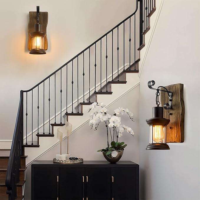 Rustic Industrial Wall Sconces, Black Metal Lantern with Wood Backplate, Farmhouse Indoor Light Fixture for Dining Room, Hallway, Porch