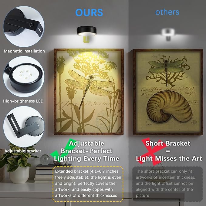 3 Pack Black Battery Operated Picture Light, Wireless Picture Lights for Wall with Remote Dimmable Timer, Lighting Modes Pictures Frame Light for Artworking,Magnetic Painting Lights Wall Decor
