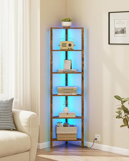 TUTOTAK Corner Shelf with LED Light, 6-Tier Corner Bookshelf for Small Space, Narrow Display Corner Shelf Stand with Storage Rack, for Living Room, Bedroom, Brown BS05BC006L