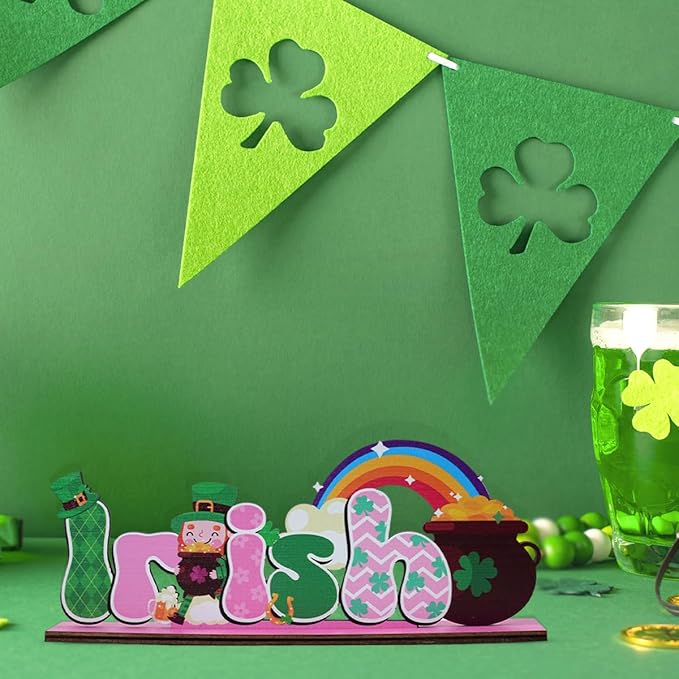 St Patricks Day Decor for Table Irish Themed Decoration Wooden Centerpieces Rustic Farmhouse Sign for Tabletop Home Shelf Office St Patricks Day Party Decoration Pink