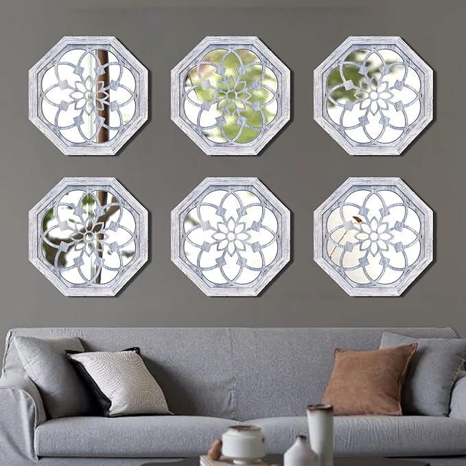 2 PCS Octagon Wall-Mounted Mirrors,Vintage Farmhouse Mirror for Wall Decor,Rustic White Color Decorative Accent Mirror for Foyer, Bathroom, Bedroom. (12”x12”)