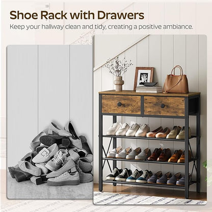 4 Tier Shoe Rack, Large Capacity Shoe Storage Organizer, Metal Shoe Shelf with Drawer and Wooden Top, for 16 Pairs of Shoes, for Entryway, Closet, Rustic Brown and Black SS24BR