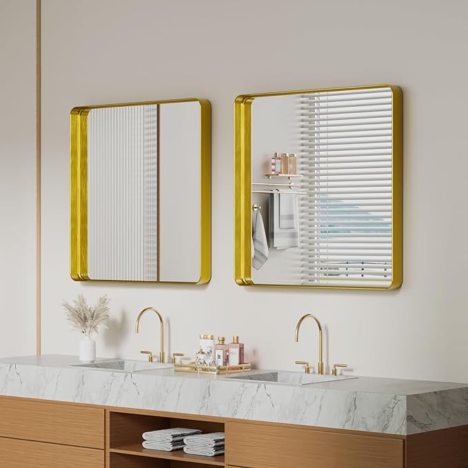 Koonmi Gold Wall Mirror for Bathroom, 29x29 Inch Matte Deep Framed Rounded Rectangle Vanity Mirror for Farmhouse Living Room, Tempered Glass, Anti-Rust, Vertically or Horizontally