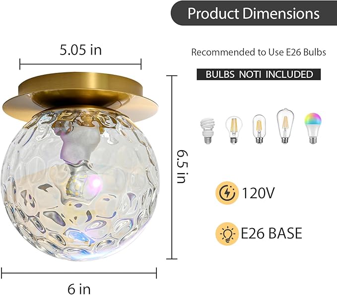 Modern Glass Globe Wall Sconce: Gold Spherical Sconces Light with Hammered Stained Glass Shade - Small Brass Vanity Single Ball Lights Fixture - Contemporary Wall Mounted Lamp for Bedroom Living Room