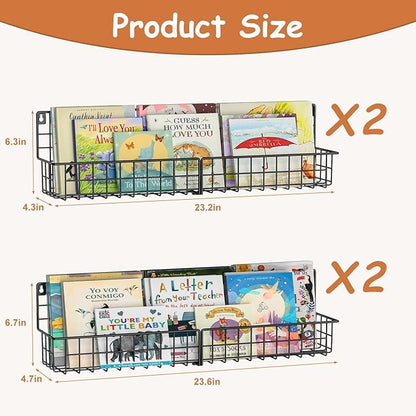 X-cosrack 24 Inch Wall Mounted Kids Bookshelf, Floating Metal Book Shelves for Kids Nursery Toddler Classroom, Hanging Book Shelf Organizer for Room Decor, Black, Set of 4