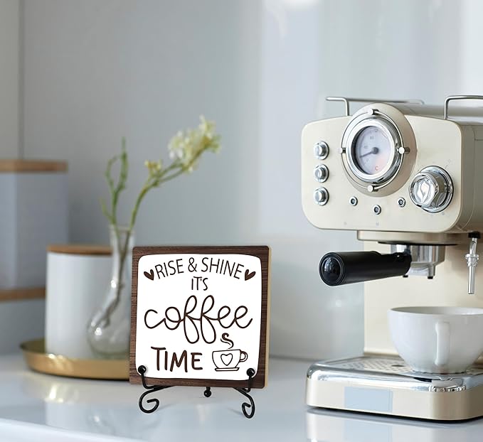 Coffee Desk Decor Sign, Coffee Time Sign With Stand For Farmhouse Home Kitchen Table, Wine Sign For Farmhouse Home Kitchen Bar Shelf Table, Gifts For Family Friend Coworker-11
