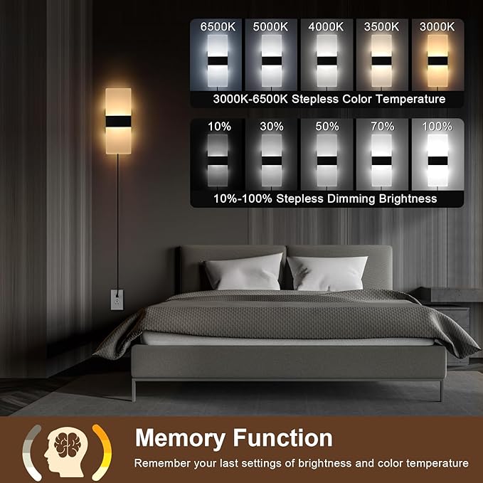 Plug in Wall Sconces with Adjustable 3000K-6500K Colors & 10%-100% Brightness, Wall Sconces Set of Two with Remote, 12W Acrylic LED Plug in Wall Light, Sconces Wall Decor Set of 2 (2 PACK,Black)