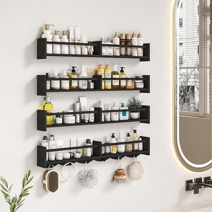 34Inch Nursery Bookshelves,Set of 4,Wall Floating Shelf Kids Coat Rack with 6Hooks,Hanging Book Shelf for Baby Nursery Room Décor ，Patent Number: 29958098(Black, 34)