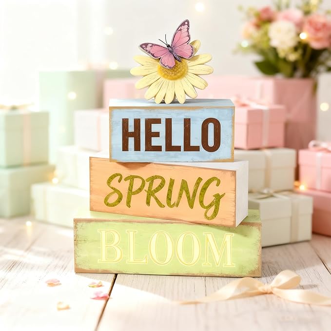 Spring Decoration Wooden Tiered Tray Decor – Rustic Hello Spring Bloom Stacked Block Sign with Butterfly Daisy Topper – Farmhouse Tabletop Spring Decor for Living Room Shelf Kitchen Coffee Bar Seasonal Home Display