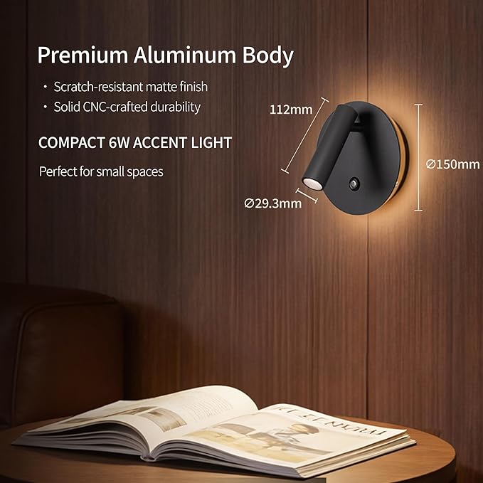Aisilan Modern Dimmable LED Wall Sconce, 6W Adjustable Angle Bedside Wall Lamp with Touch Switch, Hardwired Indoor Wall Light for Bedroom, Living Room & Hallway