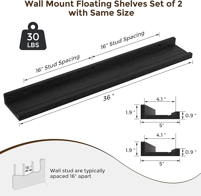 RICHFOCUS Floating Shelves for Wall, 36 inch Solid Wood Picture Ledge Shelf for Wall Storage, Nursery Book Shelves with Lip for Living Room Bathroom Bedroom Kitchen, Set of 2, Distressed Black