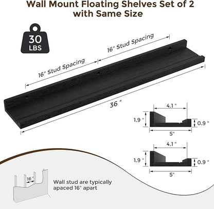 RICHFOCUS Floating Shelves for Wall, 36 inch Solid Wood Picture Ledge Shelf for Wall Storage, Nursery Book Shelves with Lip for Living Room Bathroom Bedroom Kitchen, Set of 2, Distressed Black
