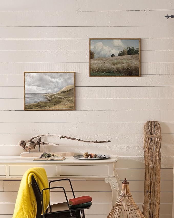 InSimSea Framed Canvas Wall Art Vintage Decor, Landscape Paintings Wall Decorations for Living Room, Retro Wall Art for Bedroom Office Decor, Grassland Classical Painting Prints Room Decor, 12