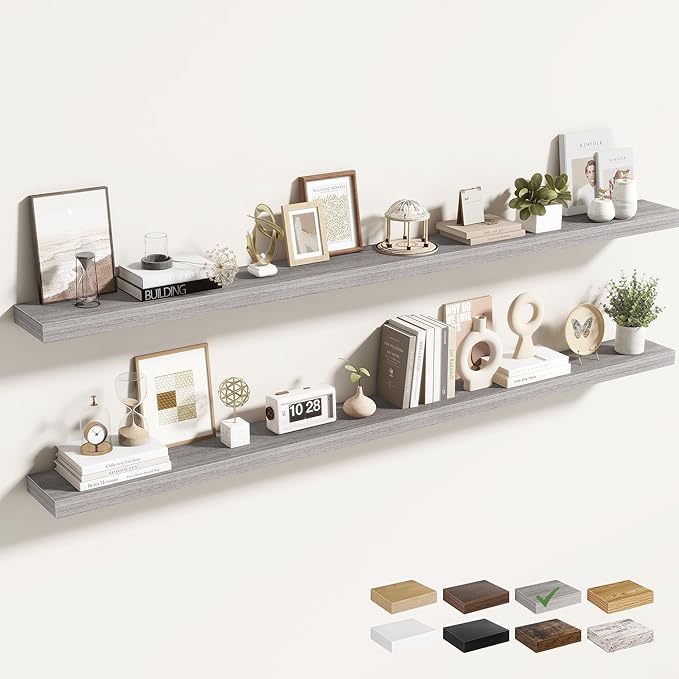 72 Inch Floating Shelves for Wall 2 Pack, 72" Wall Shelves for Books, Storage, Decor, Wall Mounted Floating Shelf with Invisible Brackets for Kitchen, Living Room, Gray