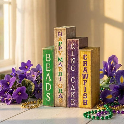 4 Pcs Mardi Gras Table Decor Rustic Wooden Book Sign Carnival Tiered Tray Decor Farmhouse Tabletop Sign Centerpieces for Mardi Gras Carnival Home Shelf Decoration
