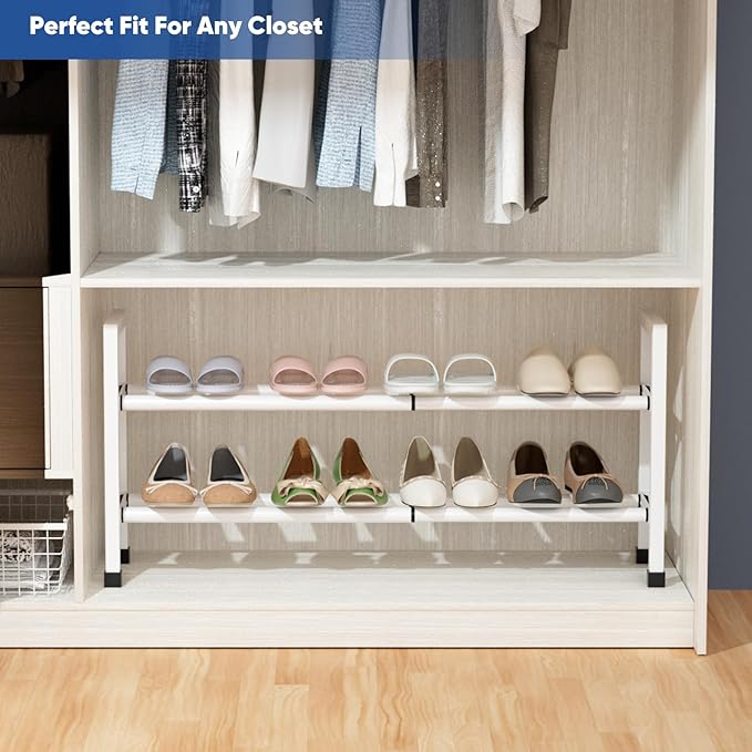 Abiglifty 2-Tier Expandable Shoe Rack,17"-33" Adjustable Shoe Rack for Closet,Metal Shoes Shelves for Front Door Entrance, Garage & Corridor, Free Standing Shoe Holders, Easy to Assemble,White