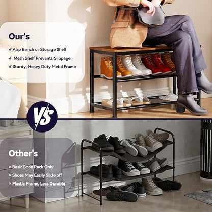 Wood Shoe Rack, 3 Tier Freestanding Shoe Organizer Storage with Metal Mesh Shelf for Entryway, Easy Assemble, 12" D x 30" W x 18" H, Brown Black