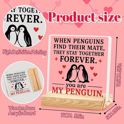 Valentines Desk Decor, Happy Valentine's Day Home Office Table Sign for Porch Tiered Tray Shelf Party, Rustic Romantic Acrylic Gifts Decorations for Him Her Wife,You Are My Penguin