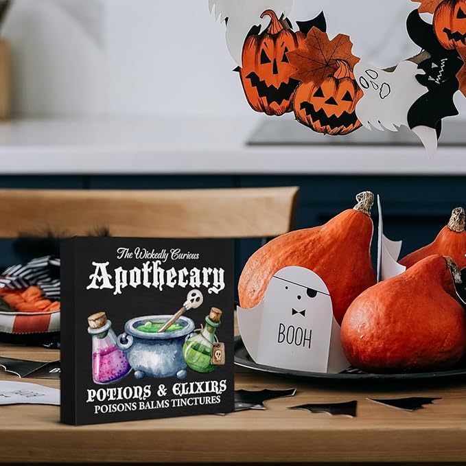 Halloween Sign Halloween Apothecary Potions Wooden Sign Gothic Witchy Decorations for Home Kitchen Shelf 5 X 5 Inches