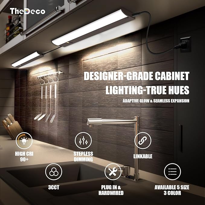 30 Inch LED Under Cabinet Light, Plug in Kitchen Lighting, 3CCT Selectable (3000K/4000K/5000K), CRI94 High Color Accuracy, Linkable, Slim Design Dimmable, Brown