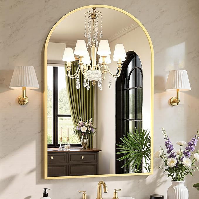 Sweetcrispy 26"x38" Arched Gold Bathroom Mirror Wall Mounted Vanity Metal Frame Mirror for Bedroom, Entryway, Living Room
