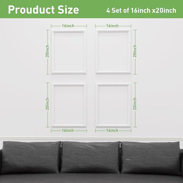 Peel and Stick Wall Molding, 4 Set 16" x 20" Premade Wainscoting Panels, Ready-to-Assemble Molding Trim Decor for Living Room Bedroom Hallway Kitchen Island
