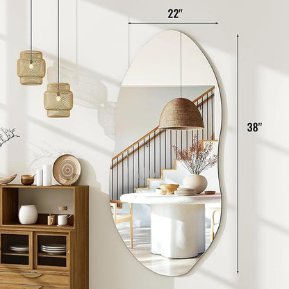 Irregular Wall Mirror, 38 x 22 Inch Asymmetrical Frameless Mirror for Bathroom, Living Room, Bedroom, Modern Abstract Vanity Mirror with Shatter-Proof Glass