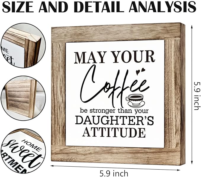 Coffee Sign, Coffee Decor Set, Wooden Box Signs for Home Decor, Farmhouse Coffee Home Decor, Coffee Lover Gift for Him Her Couple, May Your Coffee Be Stronger Than Your Daughter's Attitude Sign
