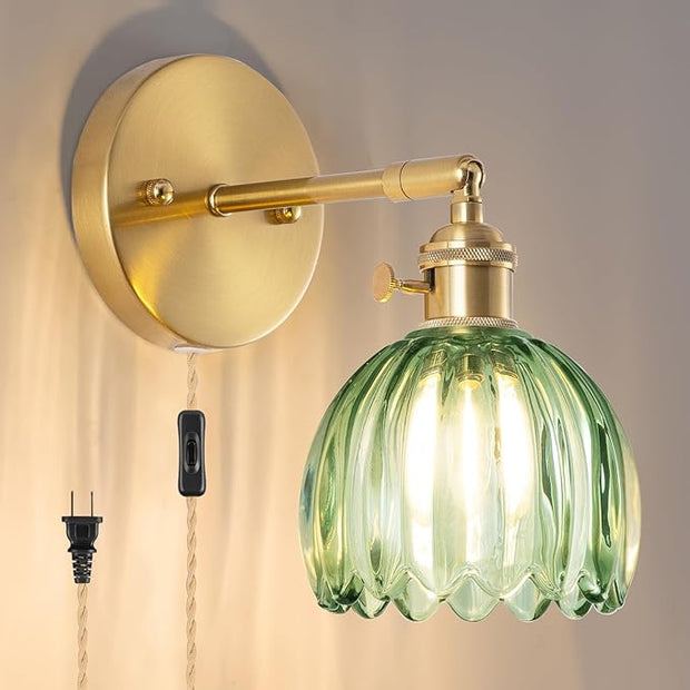 Plug-in Wall Sconce, Vintage Wall Decorative Lamp with Green Glass Shade, Indoor Plug-in Wall Sconce for Bedroom, Living Room, Hallway