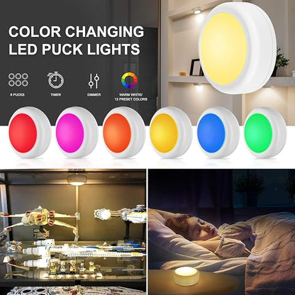 BLS LED Puck Lights with Remote Control, Wireless Under Cabinet & Closet Lighting, RGB 13 Color Changing Lights with Dimmer, Timer & AA Battery Operated, Push, Touch, Stick on for Night, White, 6 Pack